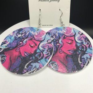 NWT Wooden Exquisite African Beauty Print Round Dangle Earrings Bohemian